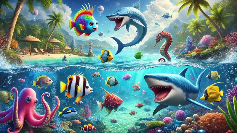 Tampilan permainan tembak ikan pada layar dengan kontrol interaktif